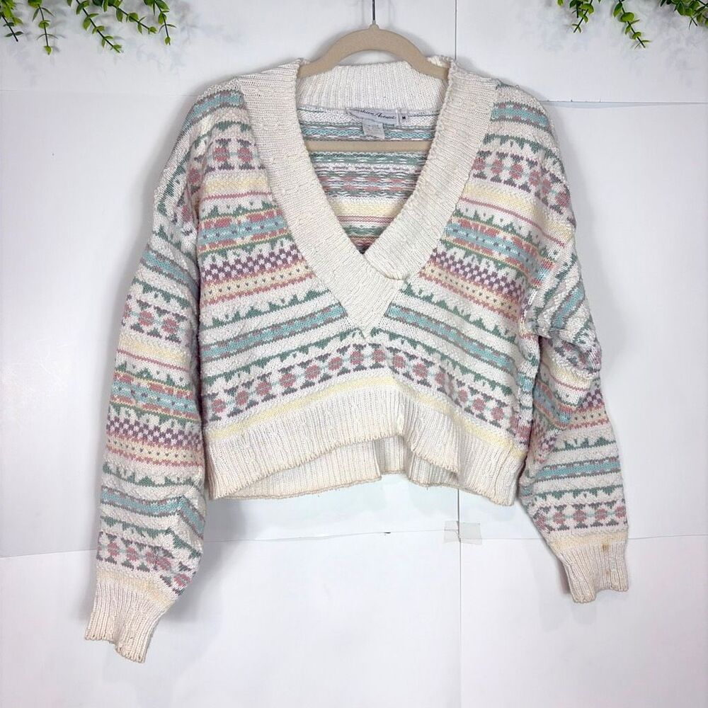 Vintage Cropped Sweater Womens Medium Multicolor Pastel Fair Isle V-Neck Cropped